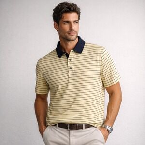 Footjoy FJ Mens Yellow Blue Stripe Golf Polo Shirt XL Short Sleeve Navy luxury